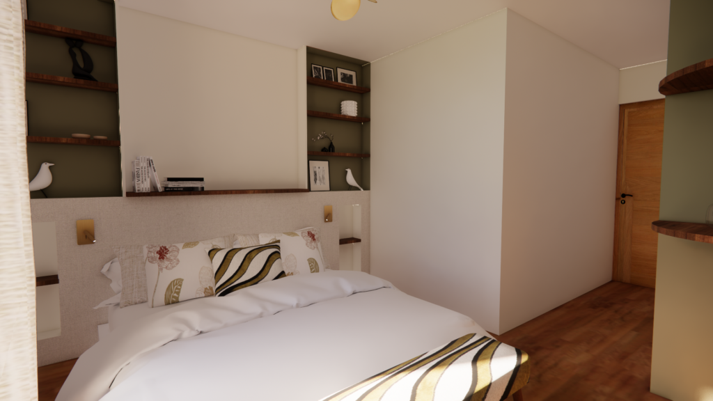 Chambre avec tête de lit sur mesure, textiles et aménagement intérieur conçus par Elra Home à Genève.