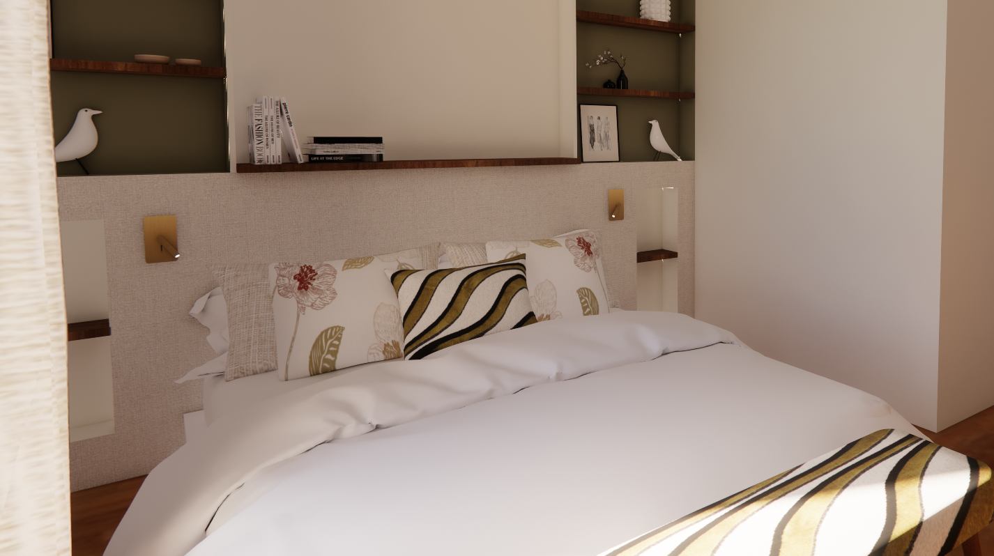 Chambre avec tête de lit sur mesure, textiles et aménagement intérieur conçus par Elra Home à Genève.