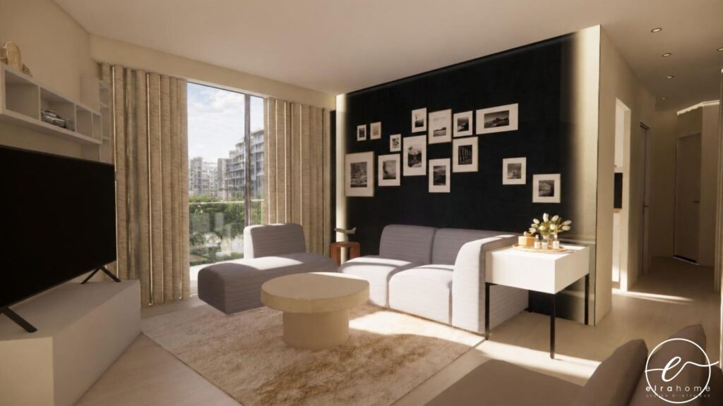 Modélisation 3D d’un séjour avec habillage des fenêtres, mobilier sur mesure et tenture murale.