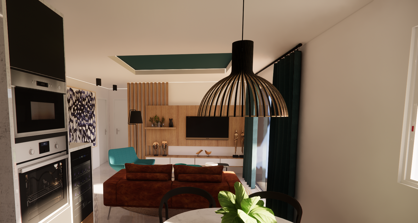 Modélisation 3D d’un salon avec rideaux et stores sur mesure